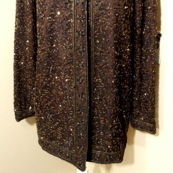 Vintage STENAY 100% Silk ALL Beaded Formal Jacket S Brown Hook front Overcoat LS - Picture 4 of 13
